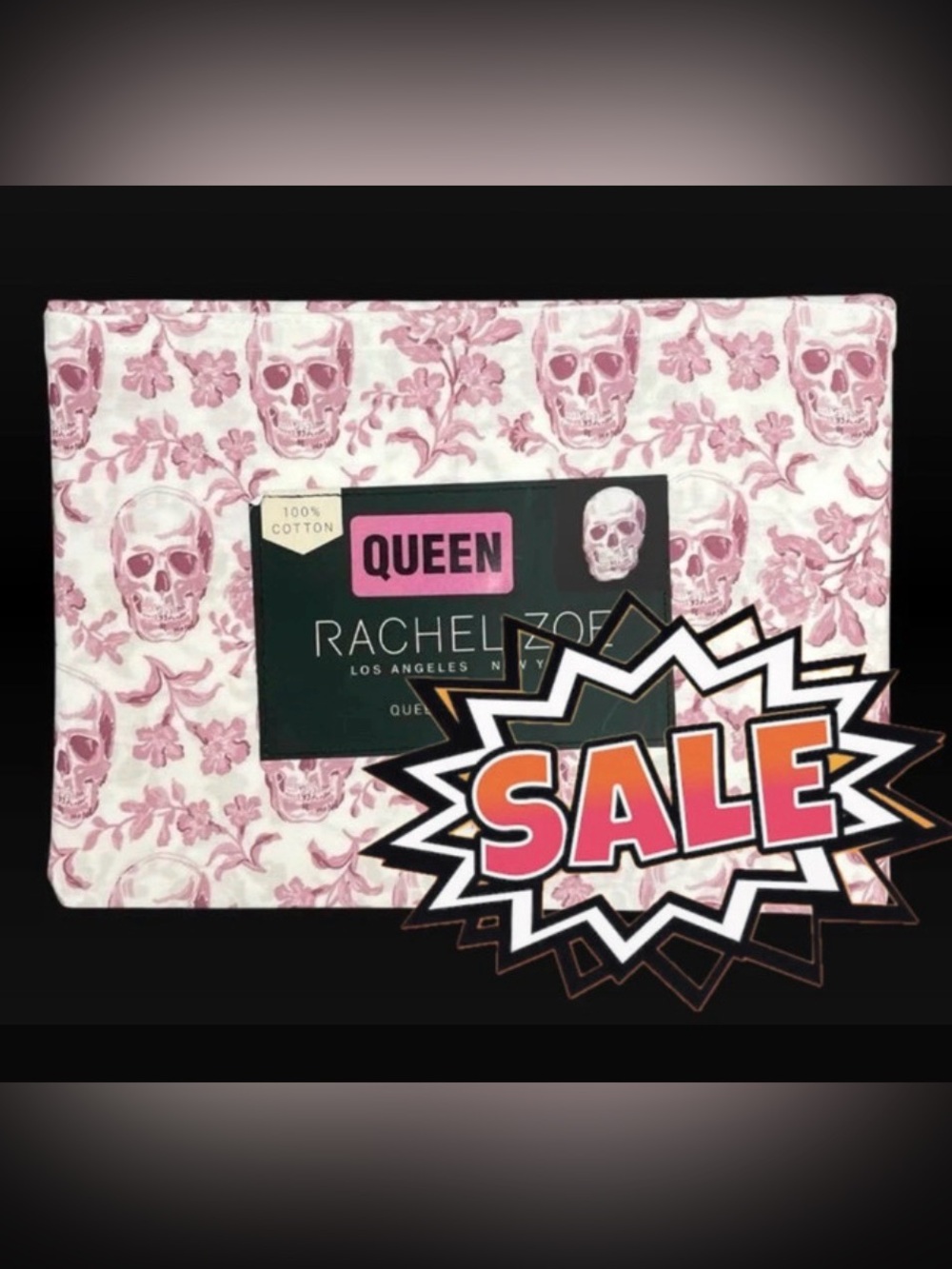 Rachel Zoe Halloween 4-pc DP Queen Sheet Set White Pink Skulls Floral Goth NWT